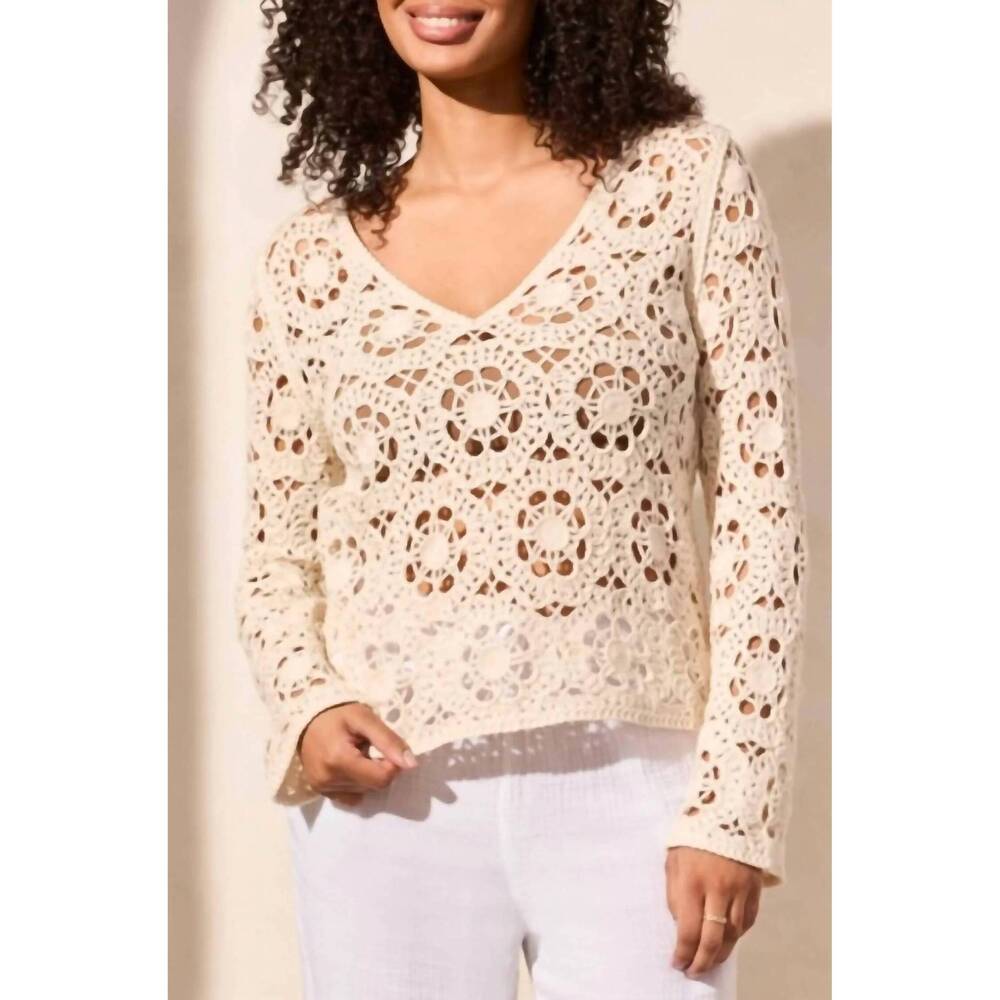 NEW TRIBAL open fancy crochet v-neck sweater in coco milk